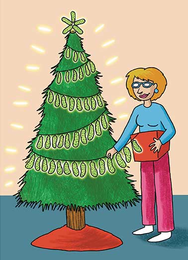 Dill Light Full Tree Funny  Card  Send someone a personalized greeting card just in time for the holidays! | Merry Christmas pickle decoration decorating the tree in pickles hung as lights funny greeting card  Wishing you a dill light full holiday season!